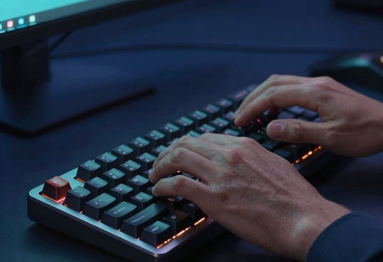 Close-up of a software engineer's hands typing on a modern mechanical keyboard, dark navy blue environment with soft teal monitor glow, highly professional and focused.