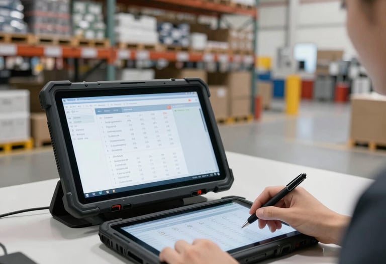 A modern warehouse facility utilizing advanced logistics software on rugged tablets, bright lighting, efficient operations in North America / US.