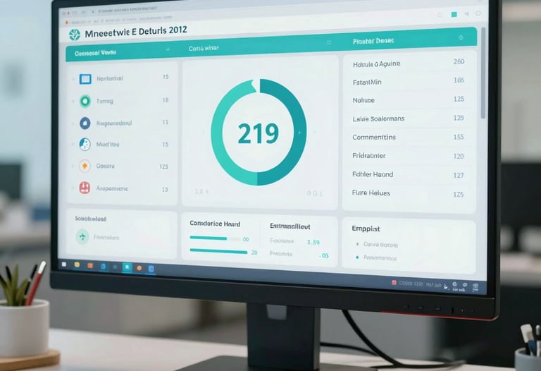A sophisticated digital health dashboard displayed on a large monitor in a North American / US hospital administration office, soft teal accents.