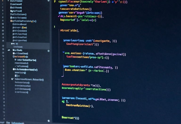 A close-up view of a high-resolution monitor displaying lines of advanced code in a dark navy blue environment, representing cutting-edge software development.