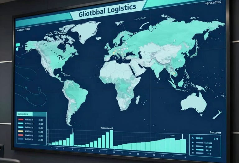 A large digital display showing global logistics data in a modern control room setting, dark navy blue background with soft teal highlights.