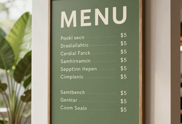 A lifestyle shot of a modern menu board with clean typography, hanging in a bright, plant-filled South African interior. Minimalistic aesthetic with medium olive green accents.