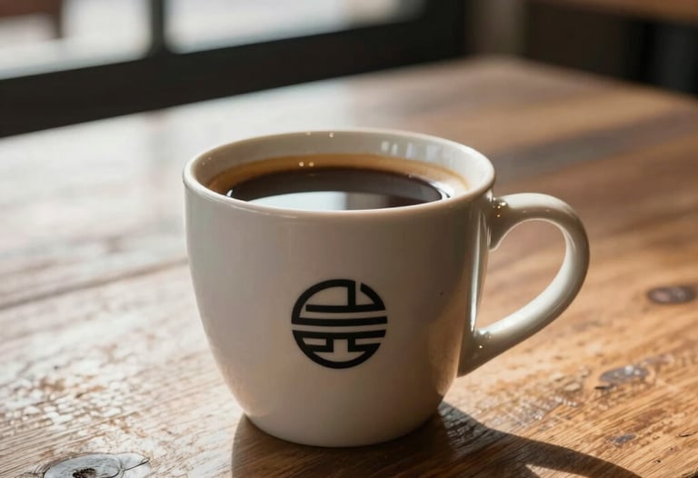 A close-up photograph of a ceramic coffee cup with a minimalist logo, sitting on a weathered wooden table in a Durban cafe. Soft morning sunlight filters through a window, highlighting the rich texture of the coffee. Professional, high-quality Pexels-style photography.