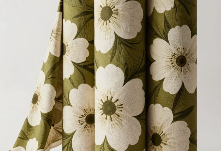 Vibrant textile rolls with bold, large-scale floral patterns in olive and cream, stacked in a bright Durban design studio. Minimalistic and inspiring composition.