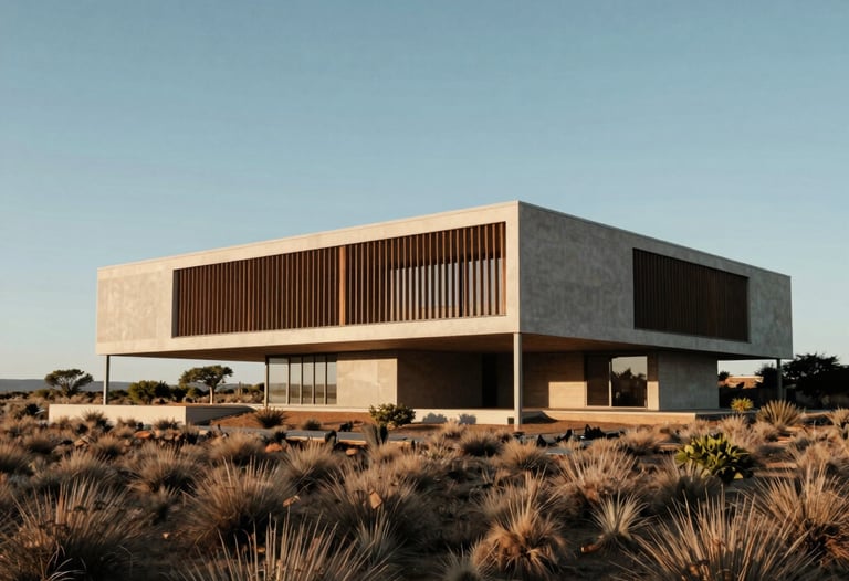 A wide shot of a modern architectural structure in the South African bush, showcasing clean lines and integration with nature. Authentic, professional photography.