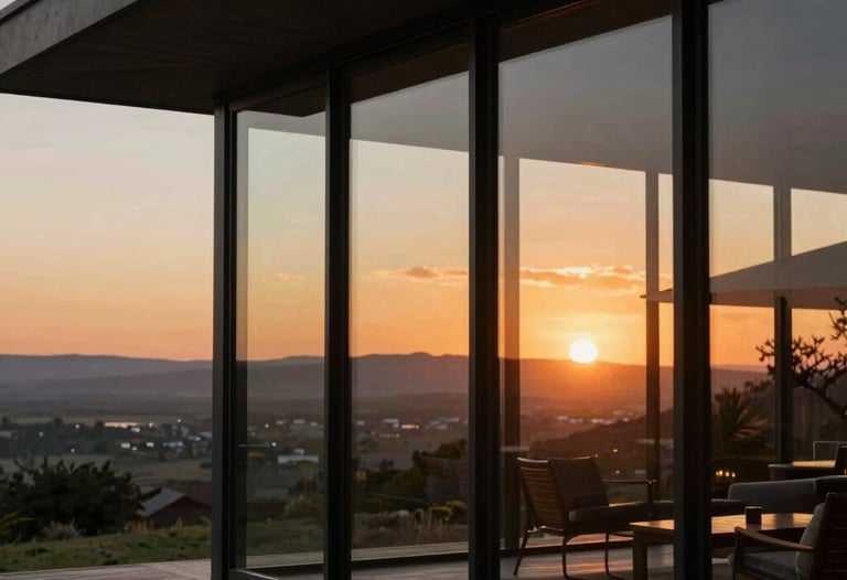 A cinematic shot of a sunset over the South African horizon, seen through the glass walls of a modern lodge. Focus on natural beauty and sophisticated design.