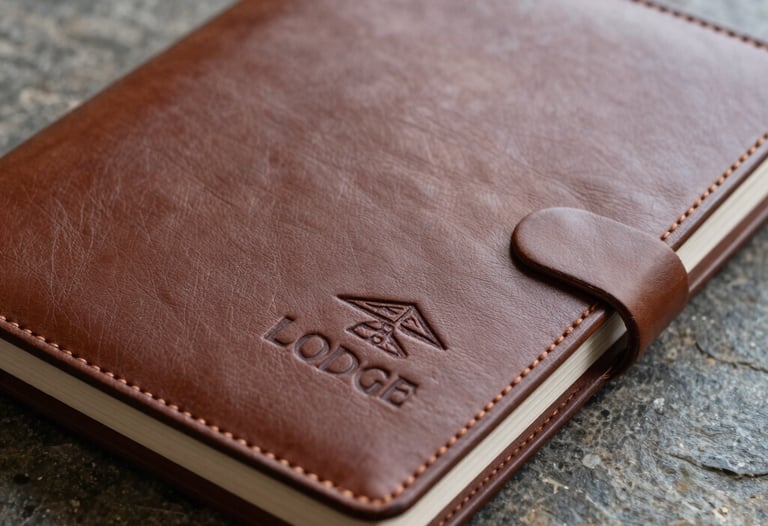 A close-up of a high-quality leather guest book with an embossed lodge logo, resting on a stone surface. Elegant, professional composition.