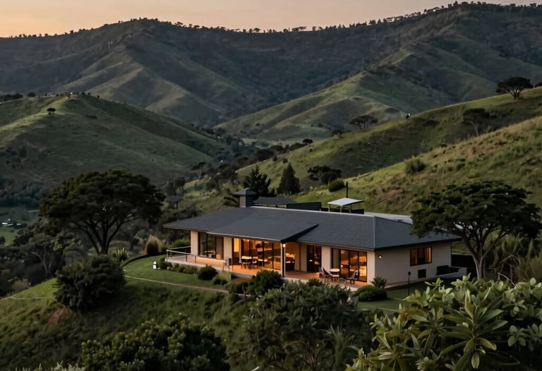 Breathtaking landscape photography of a boutique South African lodge nestled in green hills at dusk. Soft, cinematic lighting, deep olive green foliage, and a sophisticated atmosphere.