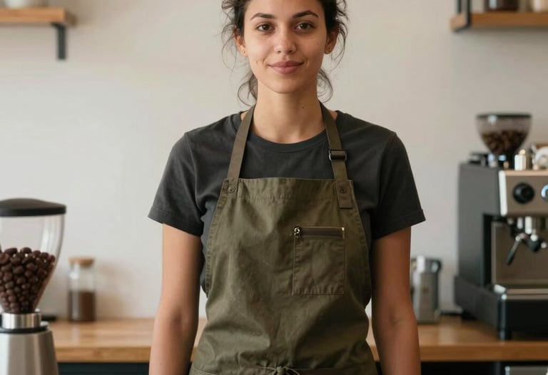 A portrait of a barista in a dark olive green apron working in a modern, minimalistic Durban coffee shop. South African setting, authentic and professional lighting.
