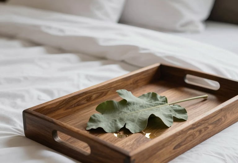 A detail shot of luxury lodge linens and a wooden tray with a sage green leaf, reflecting a minimalistic and clean South African interior design style.