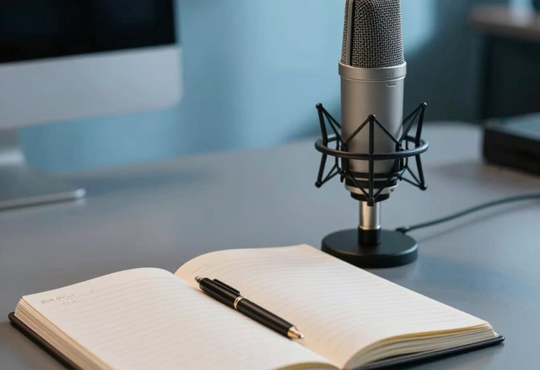 Atmospheric shot of a creative studio space with soft steel blue shadows, focused on an open notebook next to a high-end microphone, North American / US style.
