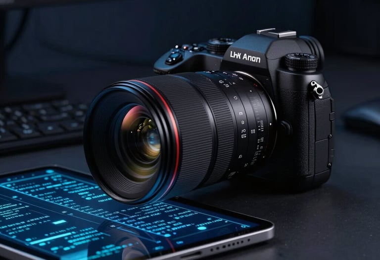 Still life photography of a professional workstation in North America, featuring a modern camera lens and a tablet with glowing digital code, dark navy and muted blue lighting.