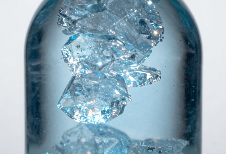 Macro photography of an elegant glass bottle refracting shimmering ice blue light, sharp focus on light play and liquid textures, sophisticated and professional, North American / US.