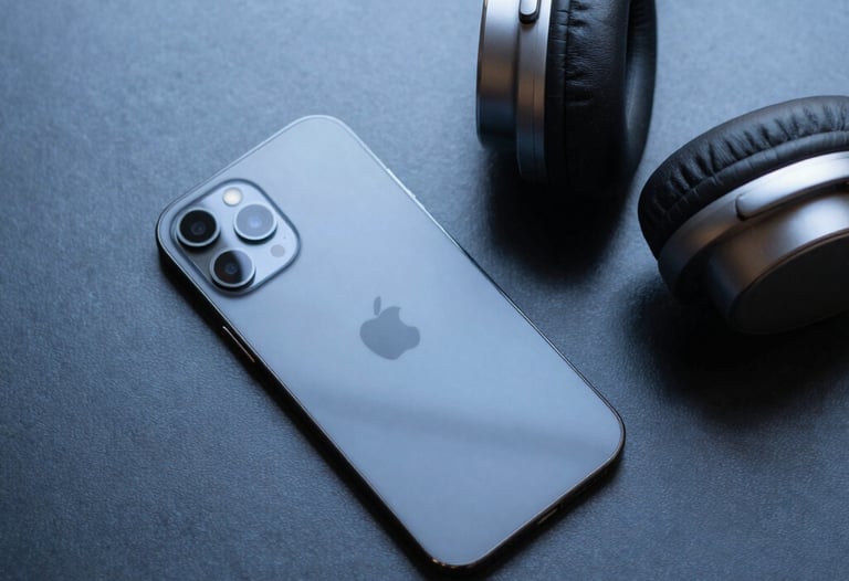 Clean, top-down photograph of modern tech hardware, including a sleek smartphone and minimalist headphones on a dark steel blue surface, North American / US.
