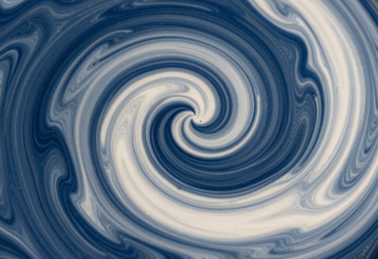 High-speed photography of metallic paint swirling in deep blue and off-white, capturing fluid movement and sharp detail, modern and clean, North American / US.