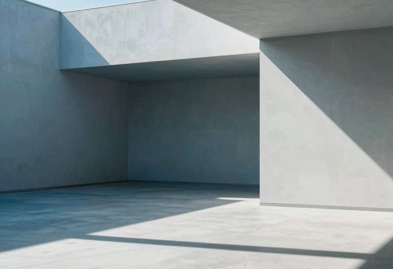 Minimalist photography of an architectural space in North America with harsh sunlight creating geometric shadows, clean lines and professional mood, ice blue accents.