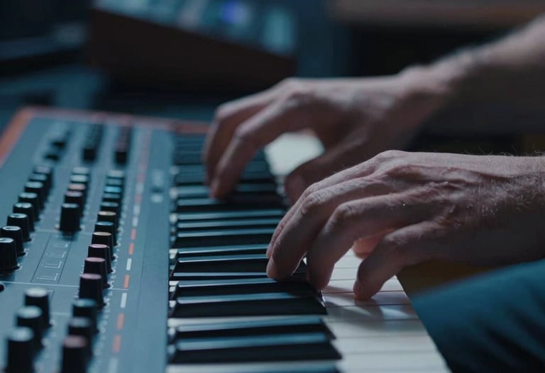 Cinematic close-up of a person's hands adjusting a modern synthesizer interface in a dimly lit North American studio, deep blue and muted blue color palette.