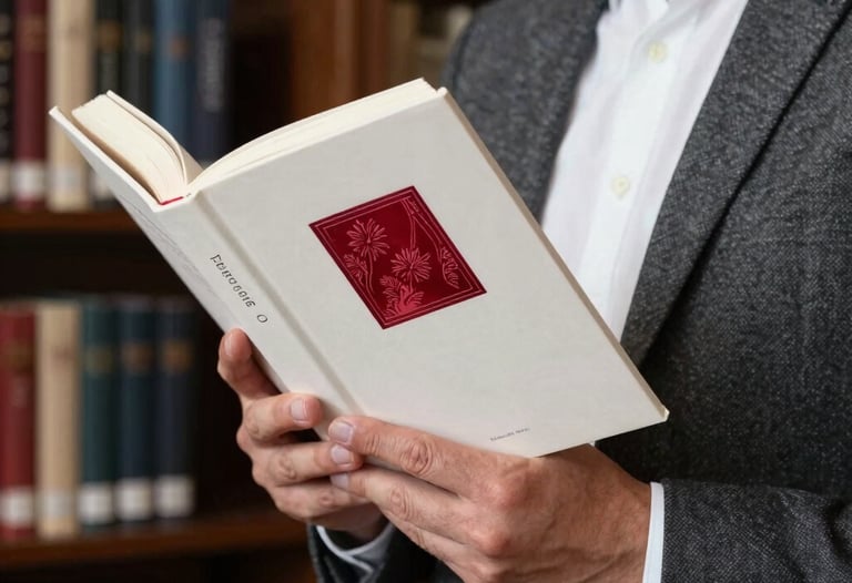 A sophisticated lifestyle photograph of an author in a North American / US library, dressed in charcoal gray and white, holding a bone white book with garnet red foil details. The background shows blurred dark bookshelves.