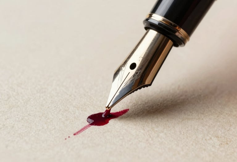 A close-up photograph of a fountain pen nib elegantly gliding across textured parchment paper, leaving behind dark garnet red ink in a North American / US study.
