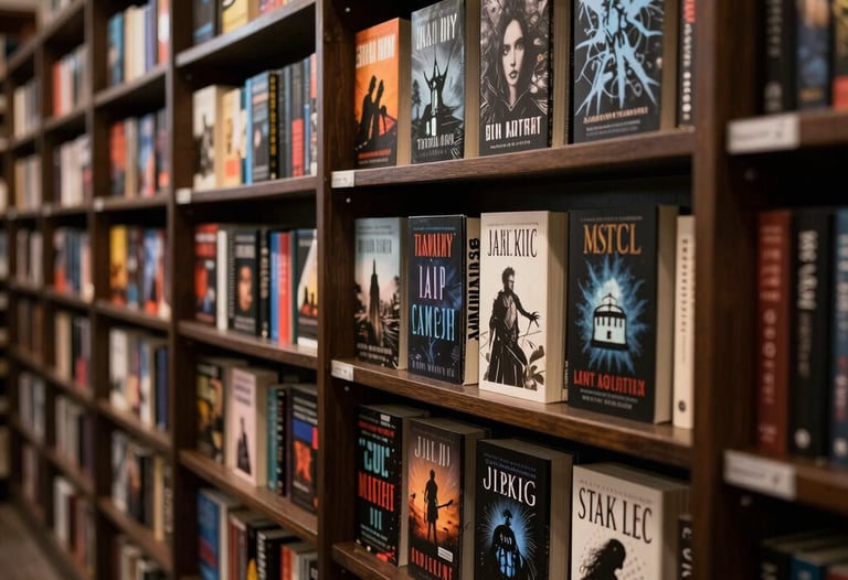 Atmospheric wide shot of a North American / US bookstore aisle featuring gothic fiction, with dark wood shelves and warm, dim spotlighting on the book spines.