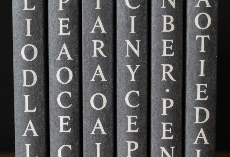 An artistic photograph of charcoal gray book spines against a deep black background, highlighting the elegant bone white typography on the covers.