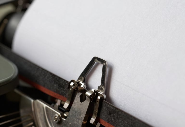 Close up photograph of a vintage silver typewriter hammer striking white paper, creating a sharp bone white and charcoal gray contrast, North American / US style.