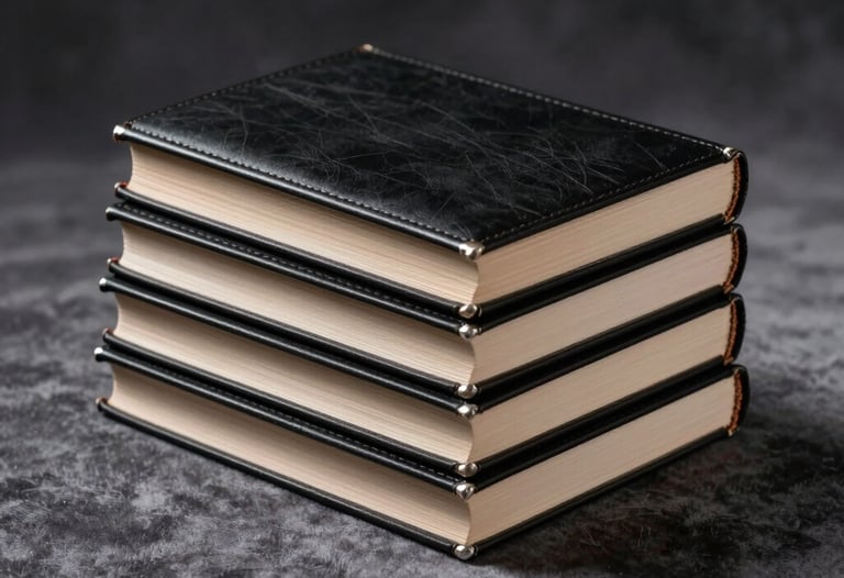 An evocative photograph of a stack of books bound in black leather with silver edges, resting on a charcoal gray velvet surface under dramatic spotlighting.