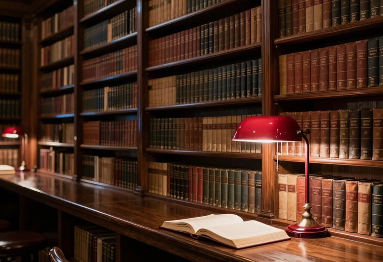 A wide atmospheric shot of a classic North American / US library at night, with dark wood shelves and a single garnet red desk lamp lighting an open book.