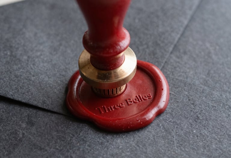 Macro shot of an antique wax seal in blood red being pressed onto a charcoal gray envelope, symbolizing the premium quality of Three Belles' work.