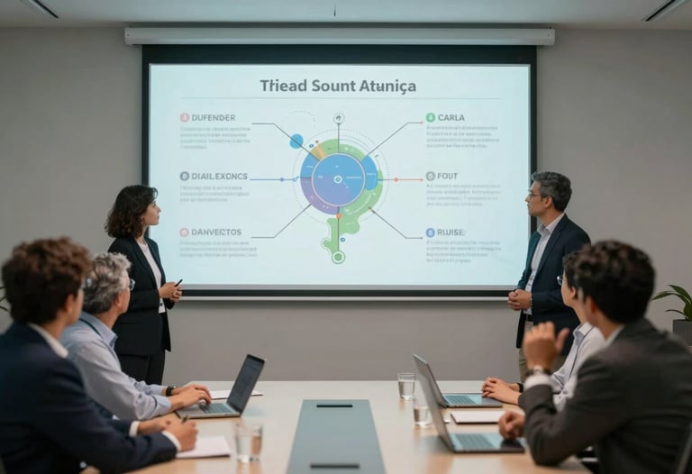A group of professional consultants in a minimalist conference room, looking at a digital projection of a technical roadmap, South American setting.