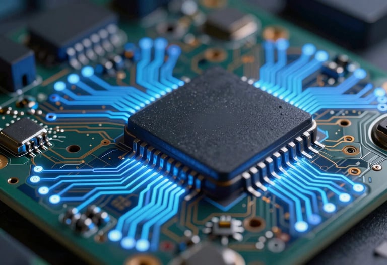 Macro shot of an integrated circuit board with glowing blue pathways, symbolizing innovation and technological depth.
