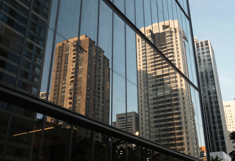 Reflection of Brazilian skyscrapers in a glass office window, professional and innovative atmosphere.