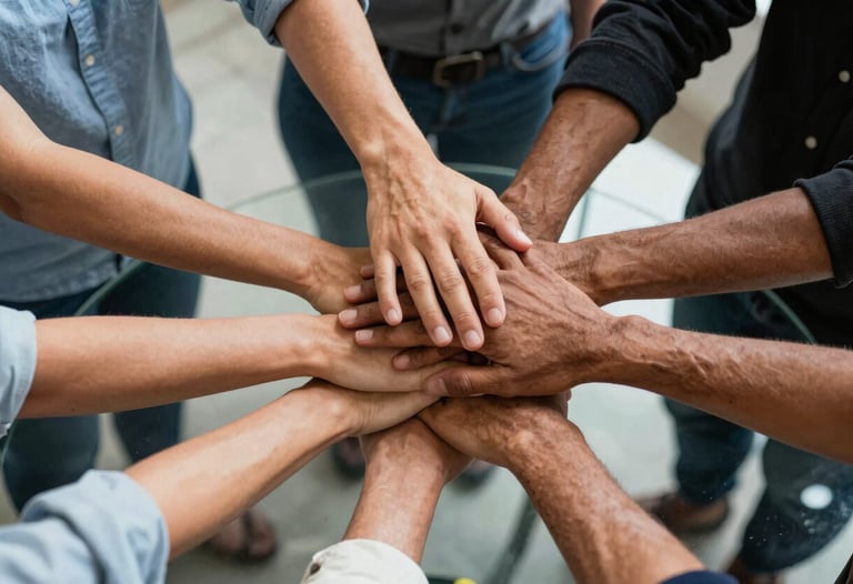Multiple hands of diverse professionals stacked together over a glass table, representing collaboration and unity, South American context.