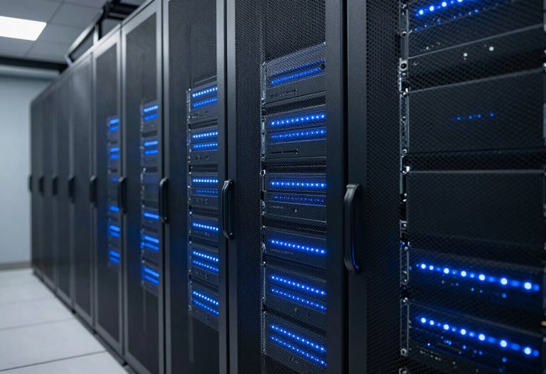 A sophisticated server room interior with soft blue LED lights, representing reliable and secure data infrastructure.