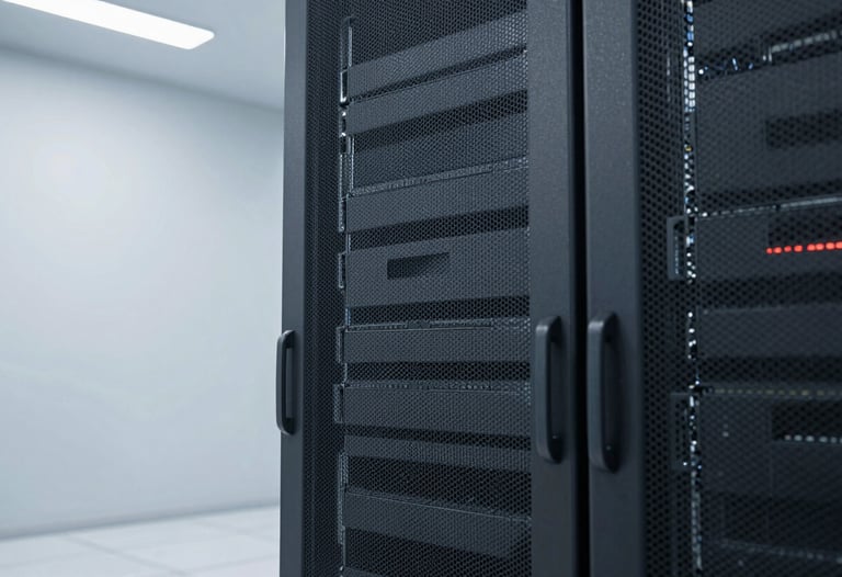 A sleek, dark gray server rack in a brightly lit, clean data center environment.
