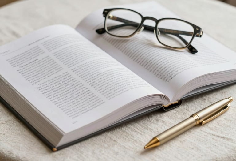 Close-up photography of an open academic journal on a textured cream linen tablecloth. Elegant typography is visible on the pages. Beside it lies a pair of modern reading glasses and a muted gold pen. Soft side lighting in a Southeast Asian indoor setting.