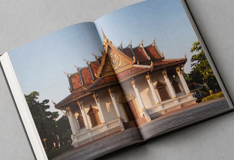 Top-down view of a spread in an art book showing large, clear photos of Southeast Asian architecture. The paper is heavy and matte. Soft afternoon shadows.
