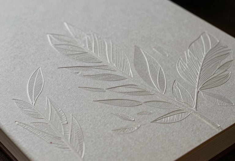 An artistic shot of a journal cover with an embossed leaf pattern. The lighting creates subtle highlights on the texture of the paper.