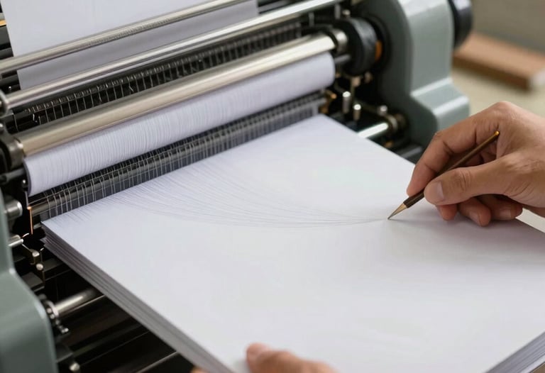 Action shot of an printing press in Jakarta carefully binding a journal cover. The focus is on the precision and quality of the materials used.