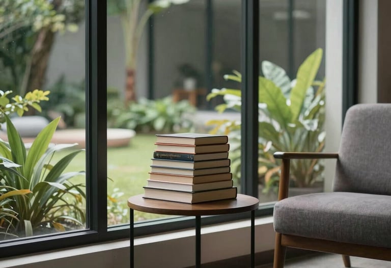 A modern reading room with large windows overlooking a garden in Indonesia. A stack of books sits on a small side table next to a comfortable chair.