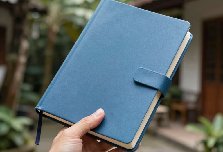 A hand holding a thick, well-designed journal with a minimalist blue cover. The background is a blurred image of a leafy Southeast Asian courtyard. Bright, natural daylight.