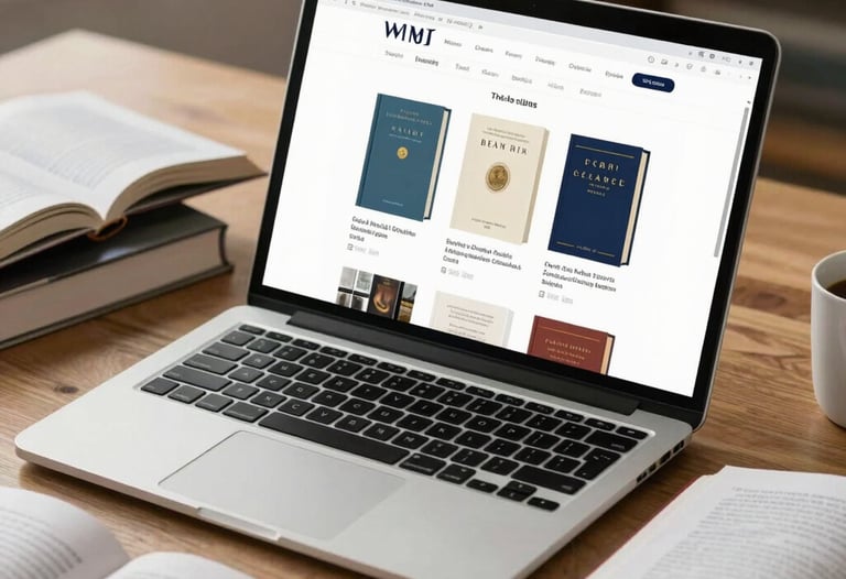 A desk with a laptop and several open books. The screen shows a clean website layout with book cover images. Bright, natural lighting.