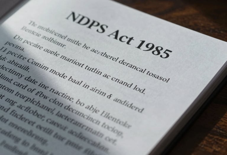 Tight macro shot of the NDPS Act 1985 legal text on a dark wooden desk, dramatic side-lighting, cool desaturated tones, sharp focus, 35mm