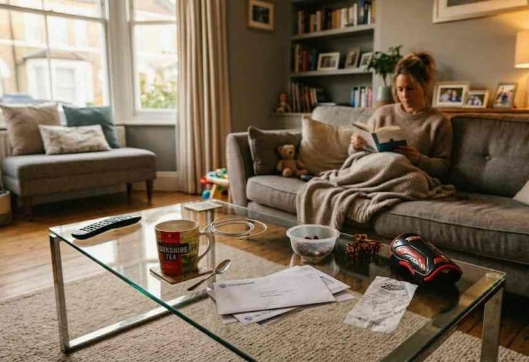 Messy coffee table with tea mug, post and cables in a cosy family living room