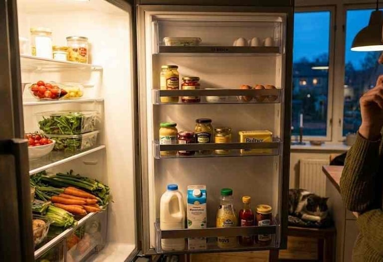Person looking into fridge with leftover ingredients in an evening kitchen, deciding what to cook on a tight budget
