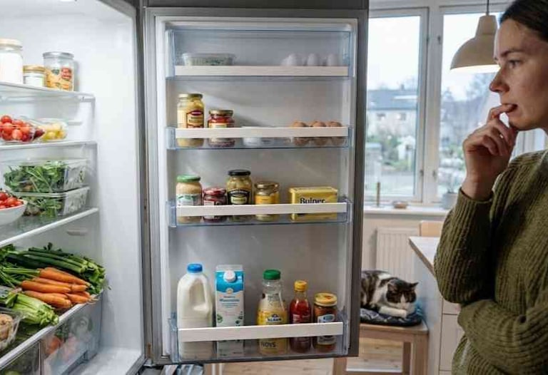 Person looking into fridge with leftover ingredients in an evening kitchen, deciding what to cook on a tight budget