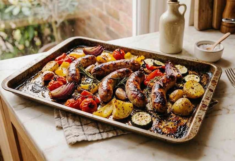 One-tray sausage and roasted vegetable dinner on a baking tray in a home kitchen, simple low-effort evening meal