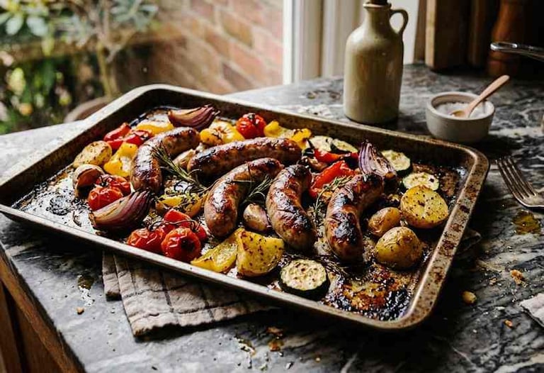 One-tray sausage and roasted vegetable dinner on a baking tray in a home kitchen, simple low-effort evening meal