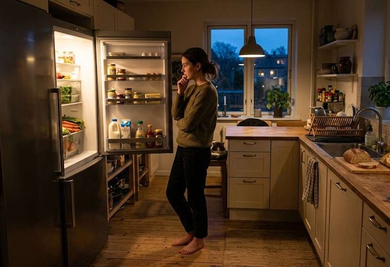Woman standing in front of an open fridge in an evening kitchen, thinking about what to cook