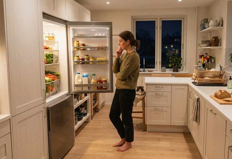 Woman standing in front of an open fridge in an evening kitchen, thinking about what to cook